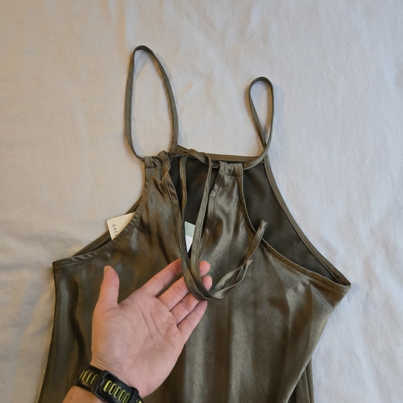 Dress Forum Halter Satin Tie Back Olive Green Midi Slip Dress 90s Y2K - Picture 12 of 15